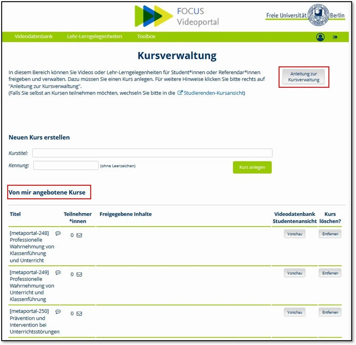 Das Bild zeigt Instruktionen zur Verwaltung von Kursen im Portal FOCUS